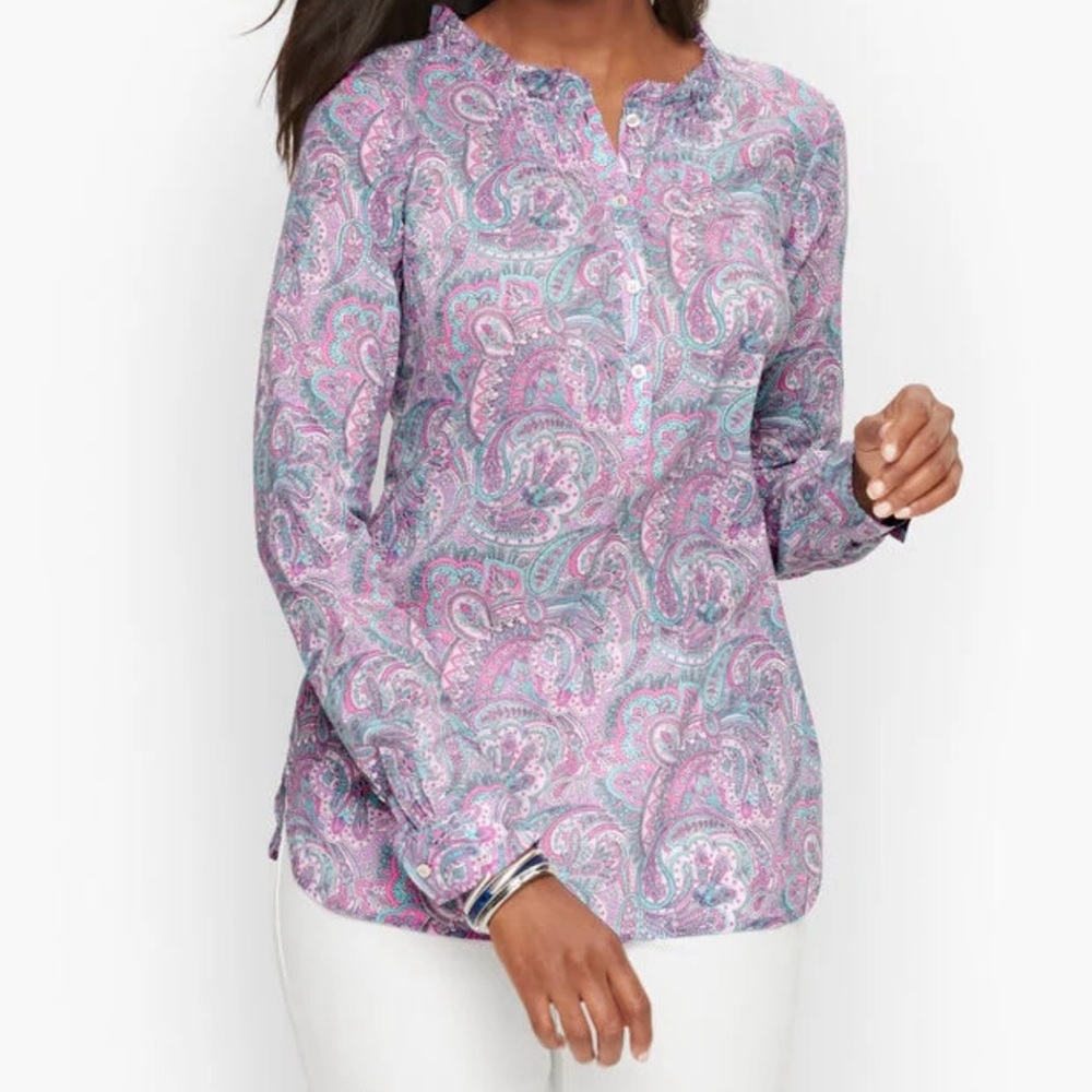 Talbots Popover Paisley Ruffle Pleated Blouse Size M Cotton Pink Blue Multi - Picture 1 of 10